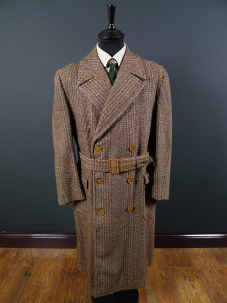 1940s Vintage Heavyweight Brown Tweed Full-Length D/B Belted Coat 42L