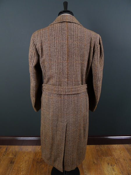 1940s Vintage Heavyweight Brown Tweed Full-Length D/B Belted Coat 42L