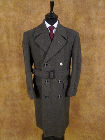 1940s Vintage Heavyweight Grey Wool Full-Length D/B Overcoat w/ Original Belt 40R