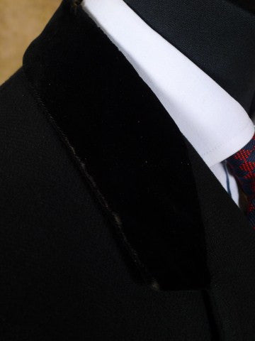 1949 Huntsman & Sons Savile Row Bespoke Black Heavyweight Overcoat w/ Silk-Velvet Collar 44L