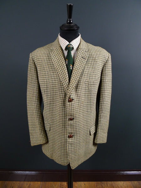 1950s 1960s Vintage Green Houndstooth Harris Tweed Jacket 44S