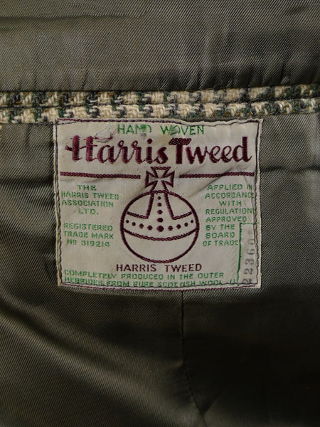 1950s 1960s Vintage Green Houndstooth Harris Tweed Jacket 44S