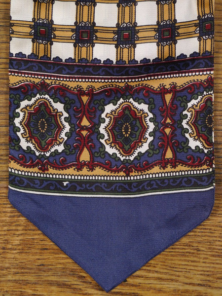 1950s 1960s White / Blue & Beige Pattern Rayon Cravat