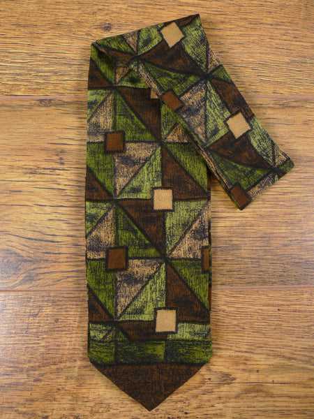 1950s Vintage Brown / Green Geometric Pattern Rayon Cravat