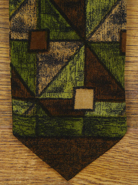 1950s Vintage Brown / Green Geometric Pattern Rayon Cravat