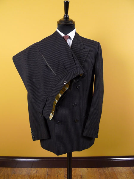 1953 Savile Row Bespoke Black D/B Rope-Stripe Suit in 1940s Style 38R
