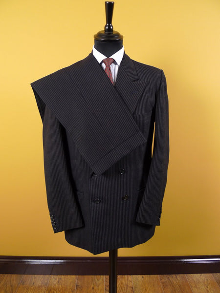 1953 Savile Row Bespoke Black D/B Rope-Stripe Suit in 1940s Style 38R