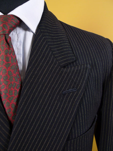 1953 Savile Row Bespoke Black D/B Rope-Stripe Suit in 1940s Style 38R