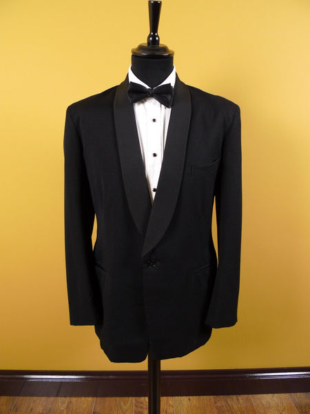 1950s 1960s English-Cut Black Wool DJ Dinner Suit 42R