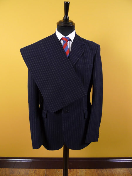 1960s Tailored Navy Blue Rope-Stripe 3-Button Worsted Suit 36