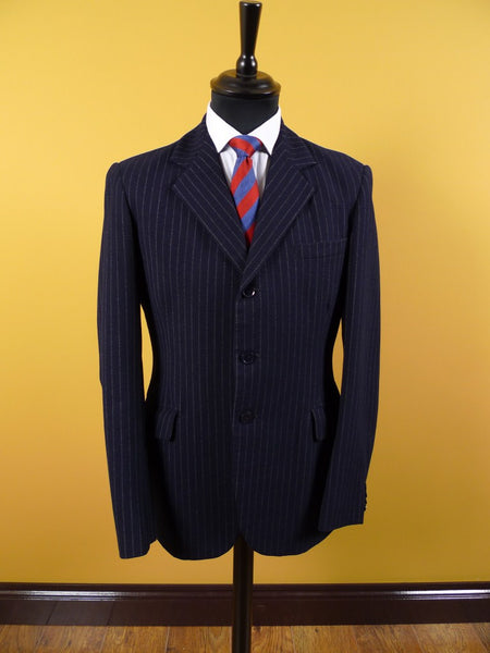 1960s Tailored Navy Blue Rope-Stripe 3-Button Worsted Suit 36