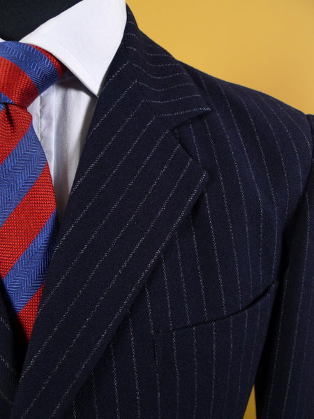 1960s Tailored Navy Blue Rope-Stripe 3-Button Worsted Suit 36