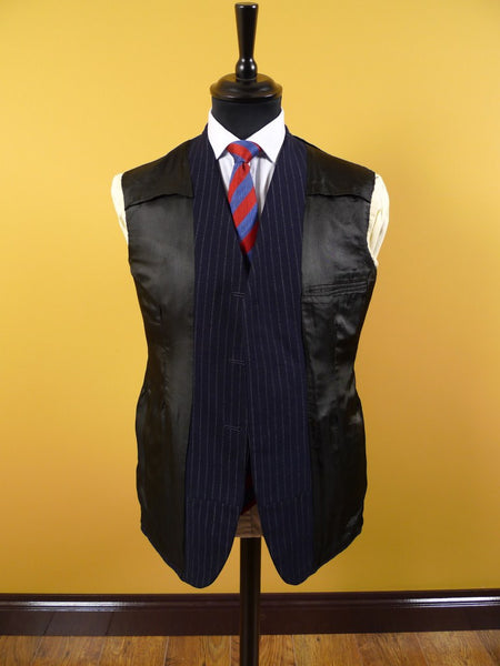 1960s Tailored Navy Blue Rope-Stripe 3-Button Worsted Suit 36