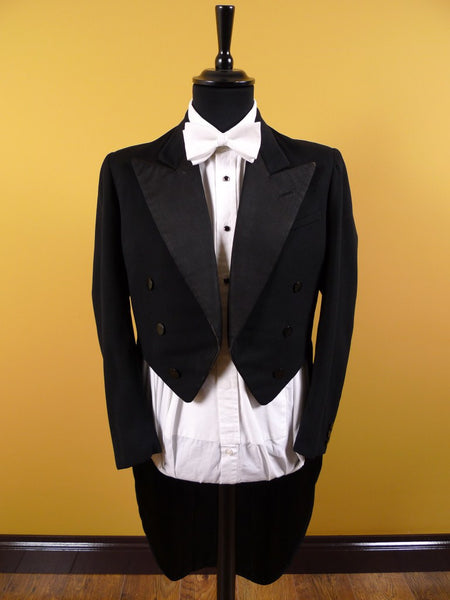 1940s 1950s Tailored Black Barathea Wool Evening Tailcoat 36L
